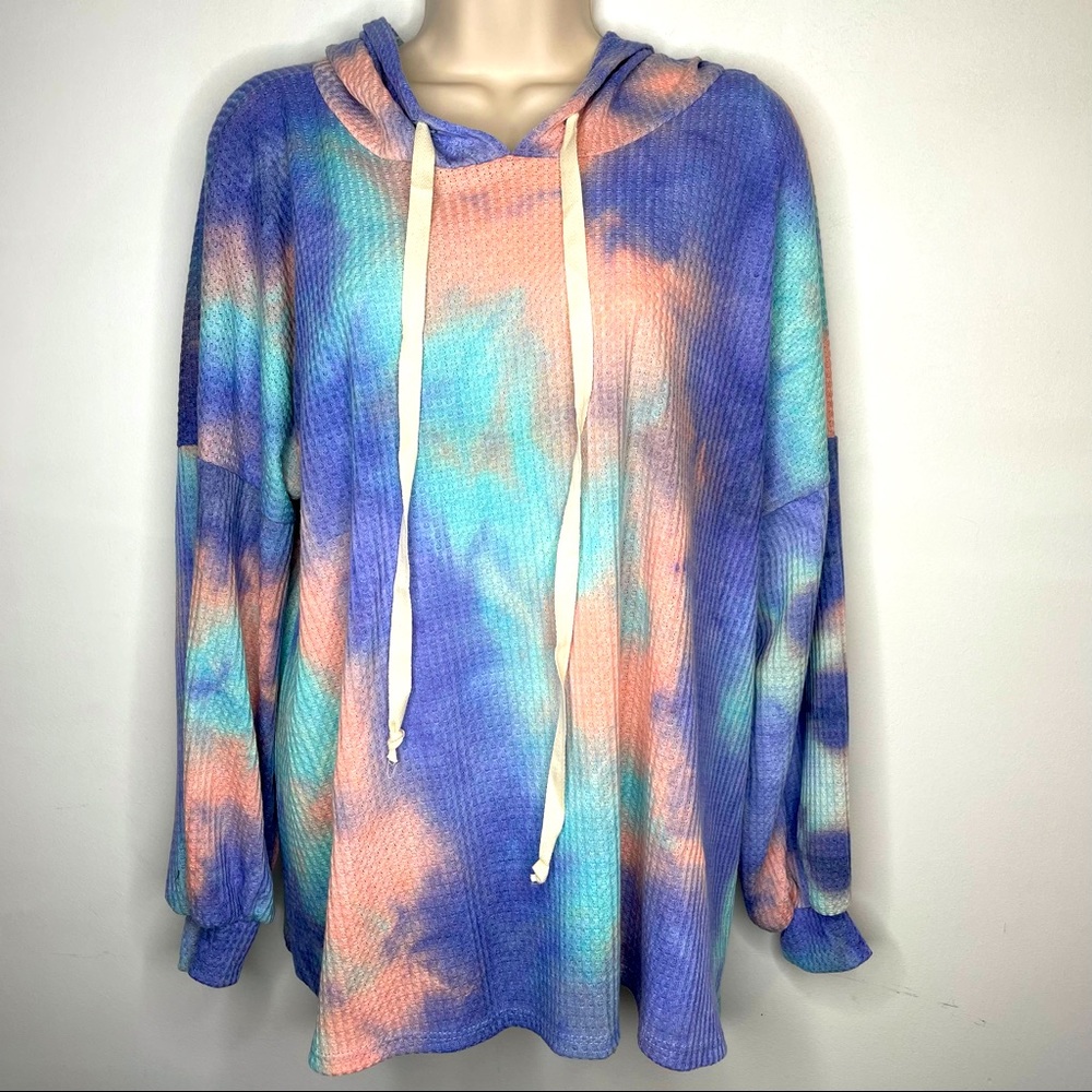 Pink Lily Tie Dye Waffle Knit Hooded Top